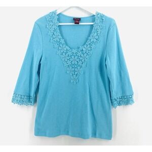 Barbara Lesser Turquoise Lace Trim‎ 3/4 Sleeve Knit V Neck Sz L Blouse AA12